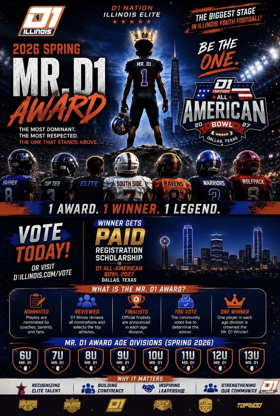 2026 Spring Mr. D1 Award flyer featuring the D1 Illinois and 2027 D1 Nation All-American Bowl logos